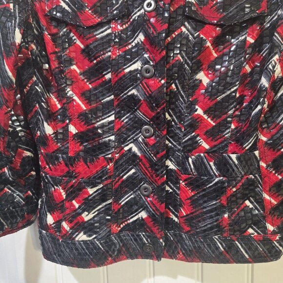 Ruby Rd. Size 6 Shiny Vinyl Button Front Jacket Blazer Red Black Lightweight - Picture 6 of 12